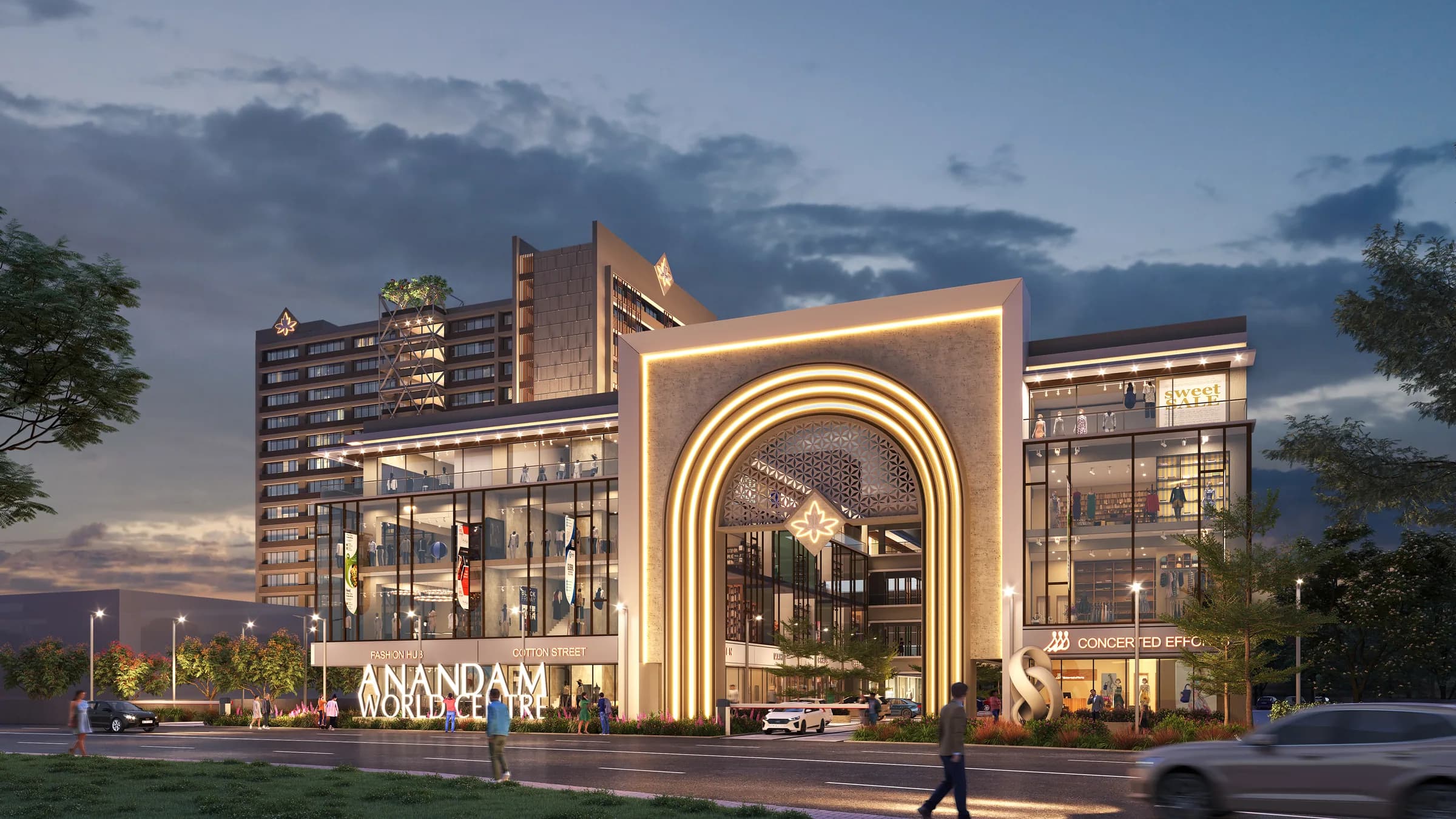 Anandam World Centre — the lit grand arch entrance at Ganeshpeth, Nagpur