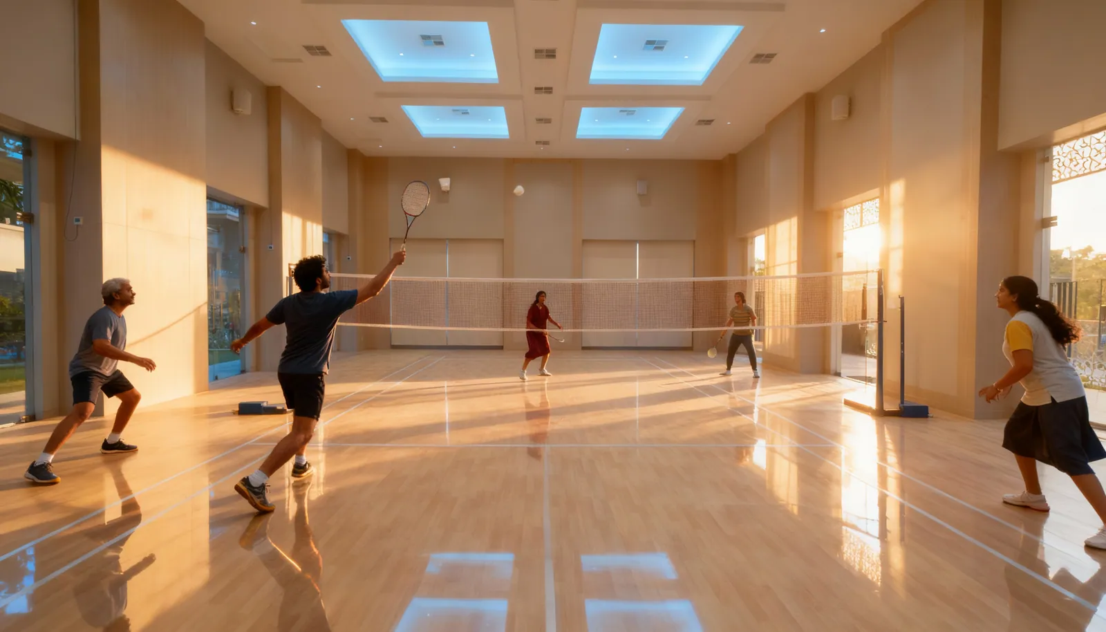 Indoor sports courts with people playing