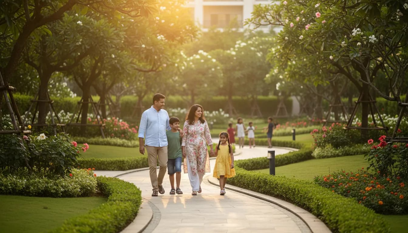 Family walking through landscaped gardens